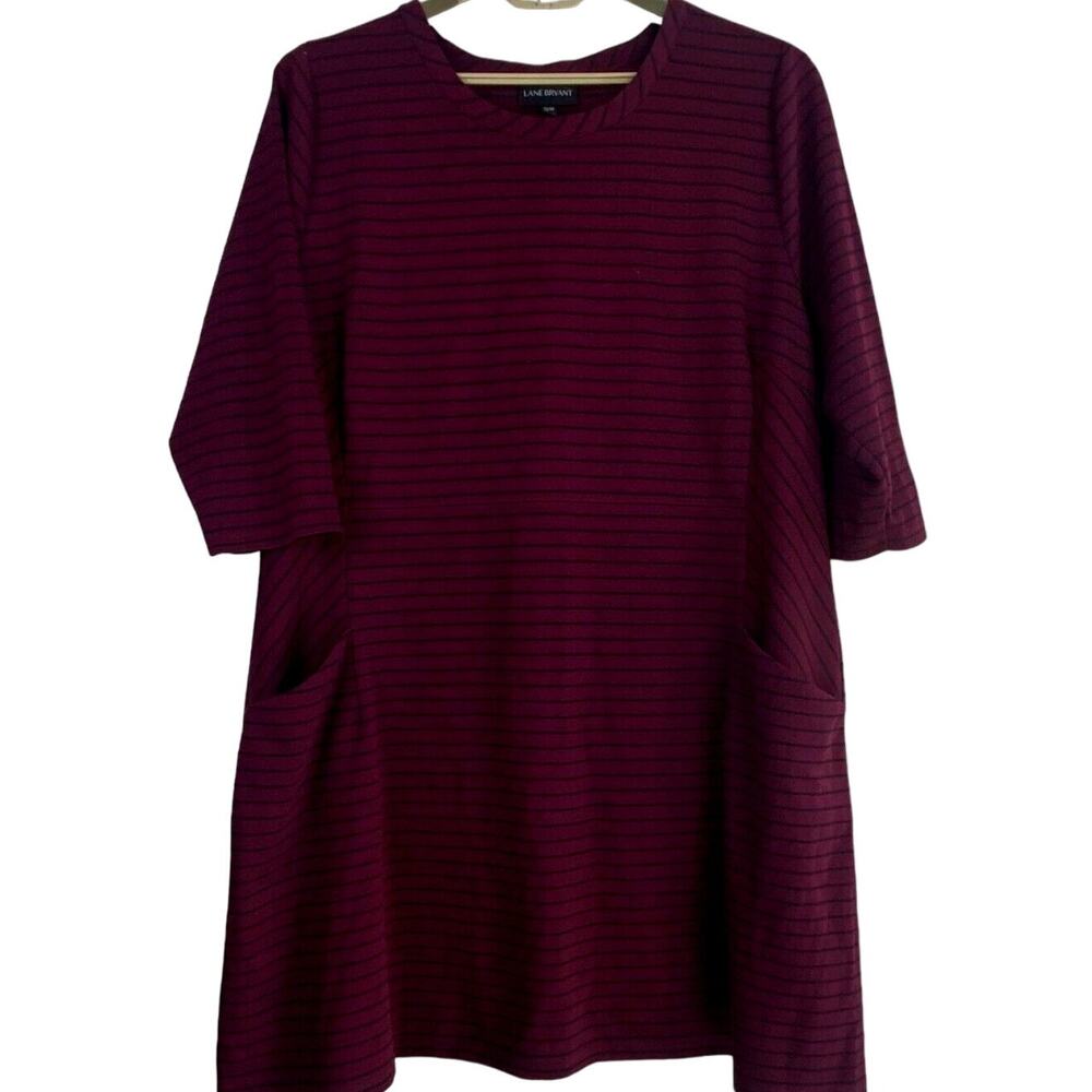 Lane Bryant Striped 3/4 Sleeve Midi Shift Dress Pockets 22 24 Wine Burgundy